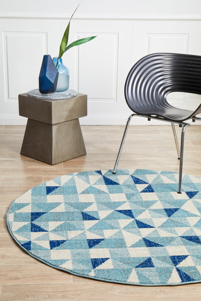 Mirage Illusion Modern Geo Blue Ivory Round Rug