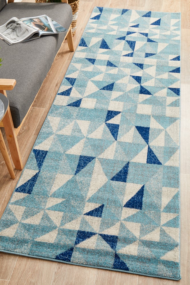 Mirage Illusion Modern Geo Blue Ivory Runner Rug