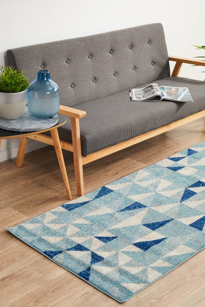 Mirage Illusion Modern Geo Blue Ivory Runner Rug