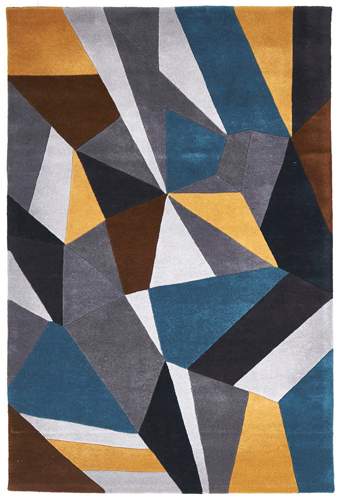 Laura Designer Wool Rug Blue Yellow Grey - Fantastic Rugs