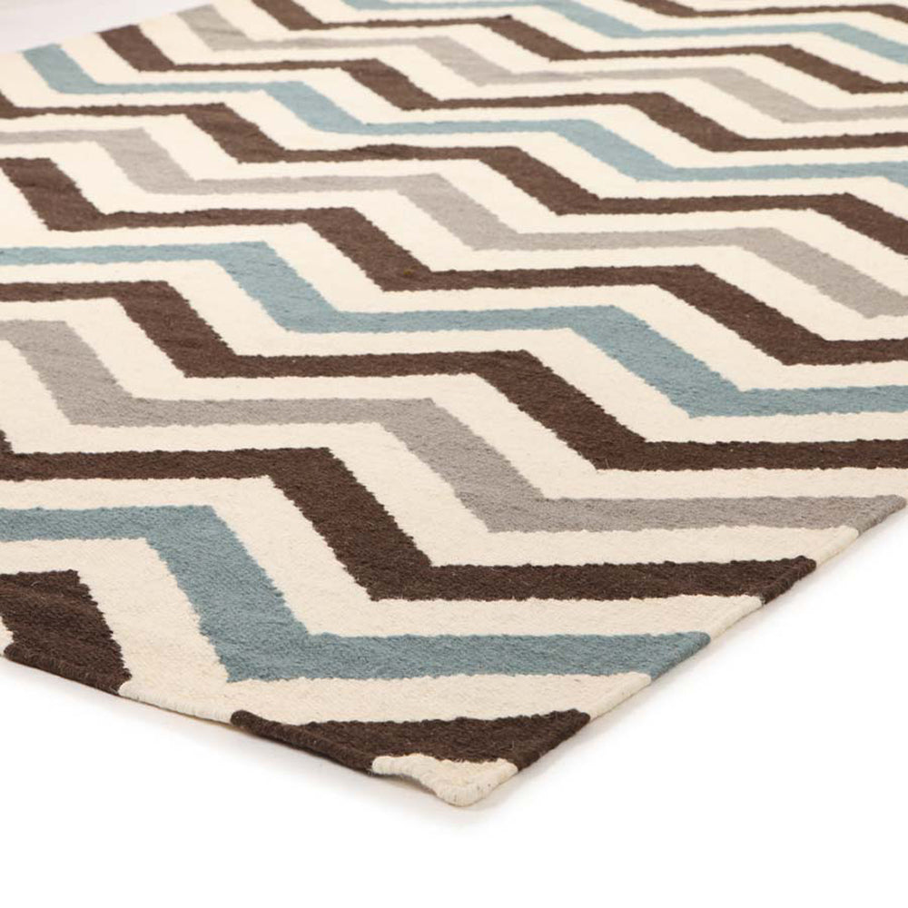 Flat Weave Chevron Design Rug Blue Brown - Fantastic Rugs