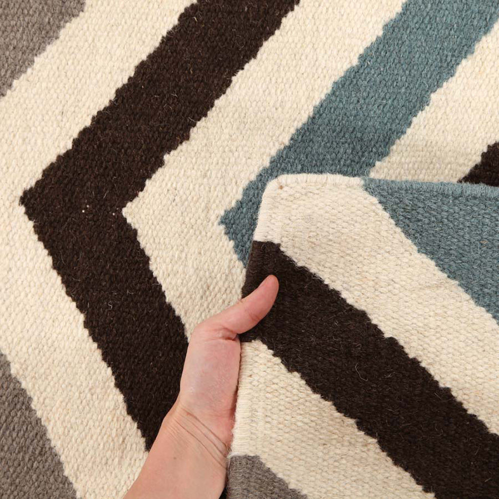 Flat Weave Chevron Design Rug Blue Brown - Fantastic Rugs