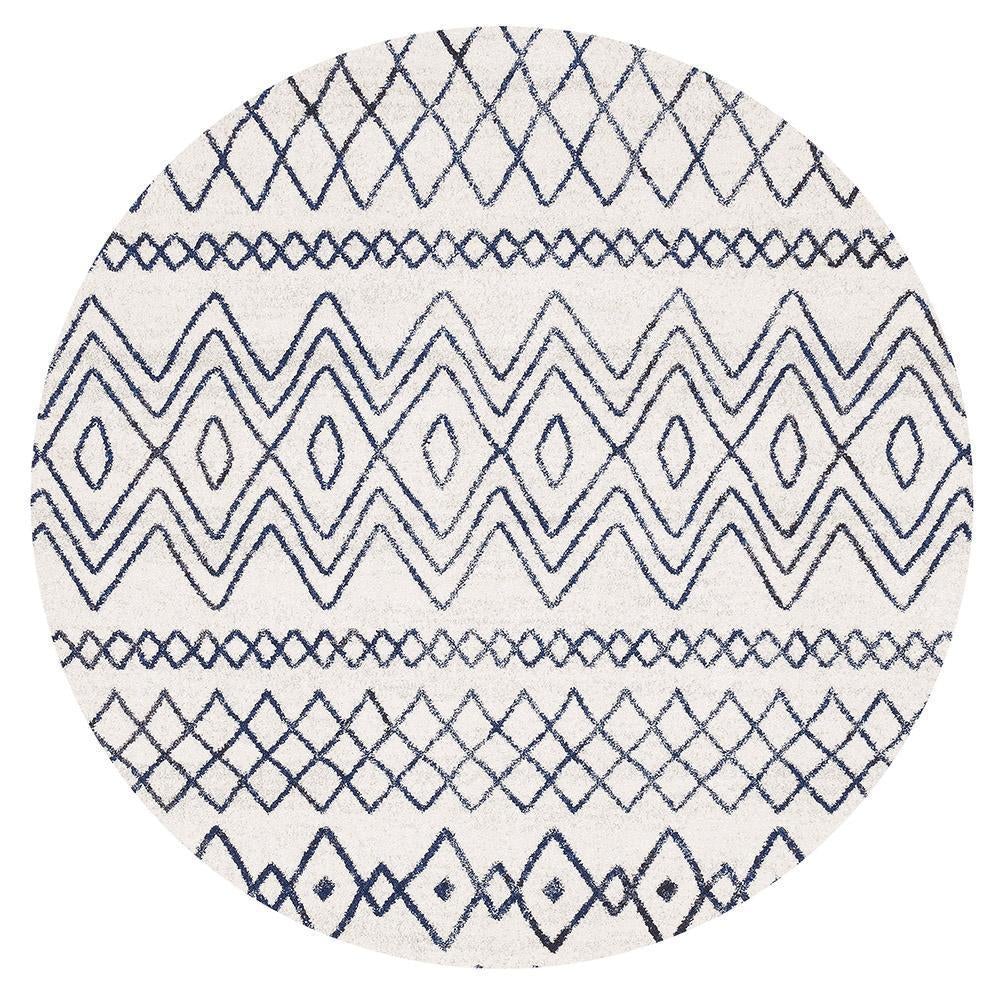 Oasis Nadia White Blue Rustic Tribal Round Rug