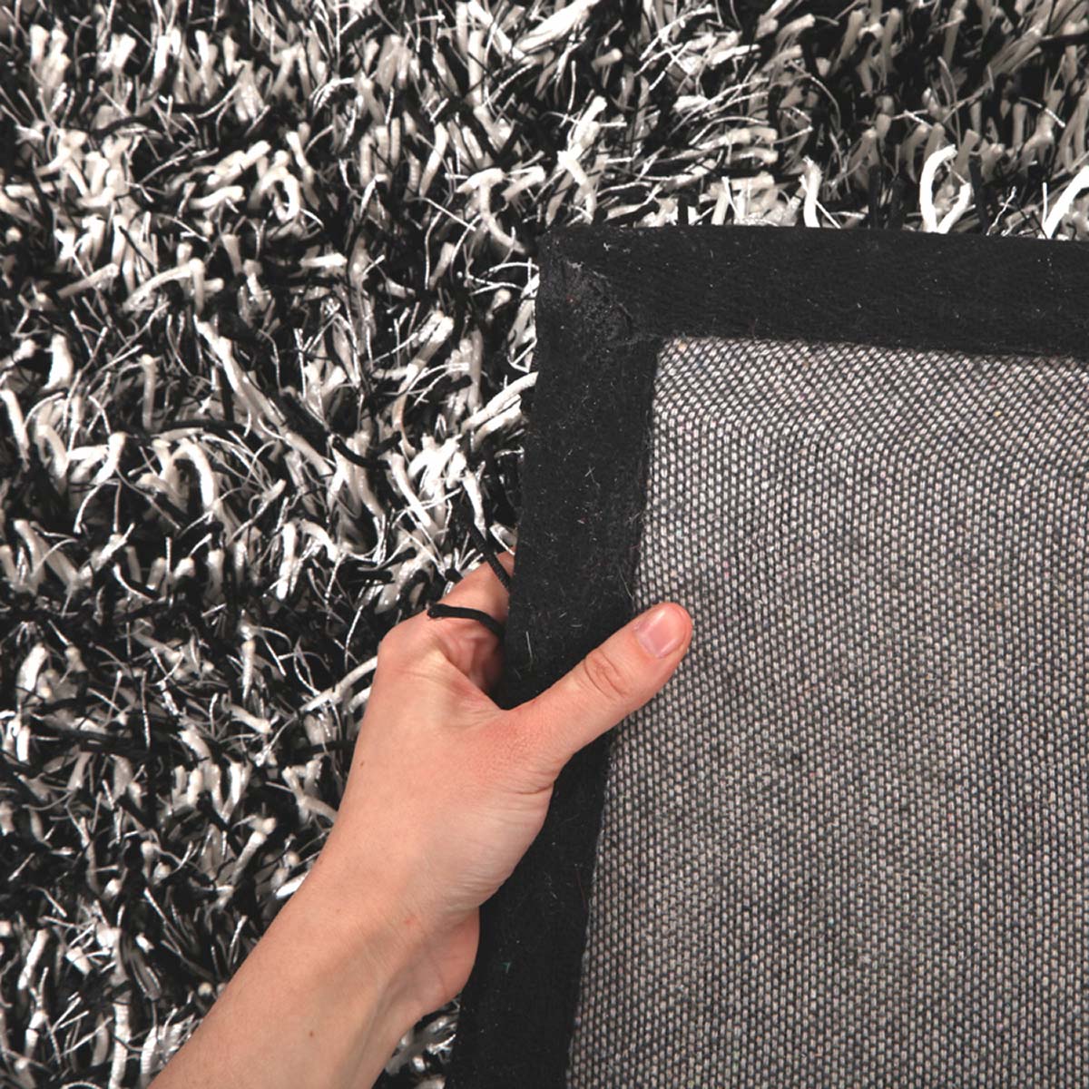 Metallic Thick, Thin Shag Rug Black, Off White - Fantastic Rugs