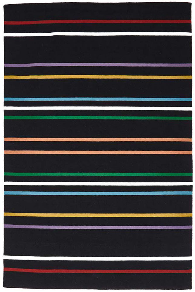 Oslo Stripe Flat Weave Wool Rug Multi Black - Fantastic Rugs