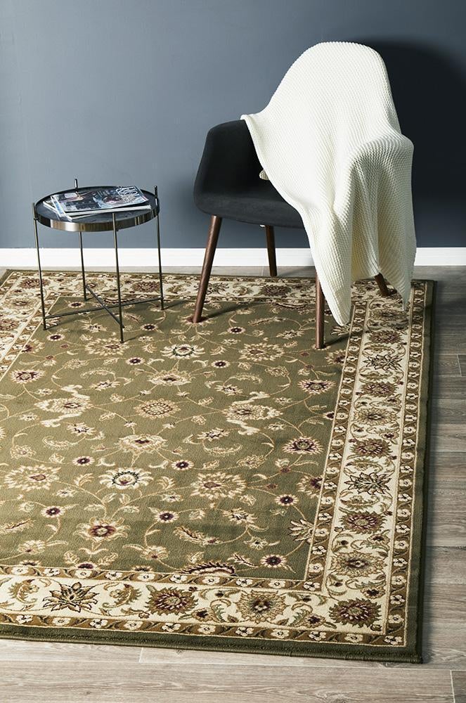 Sydney Collection Classic Rug Green With Ivory Border