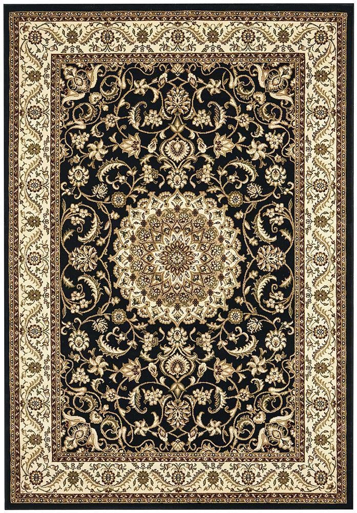 Sydney Collection Medallion Rug Black With Ivory Border