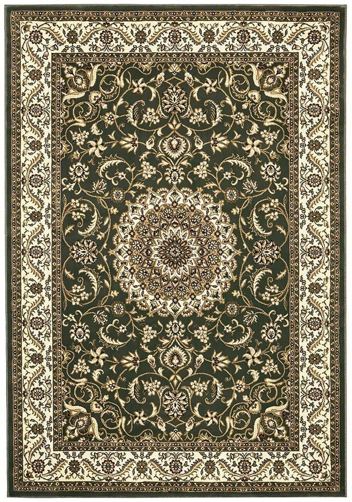 Sydney Collection Medallion Rug Green With Ivory Border